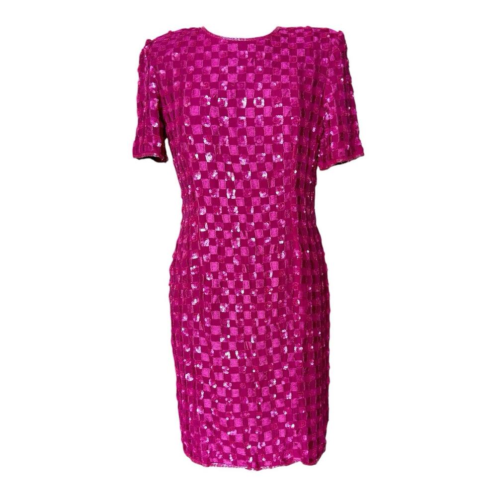 Vtg 80s GUNIT Beaded Sequined Pink Silk Dress Flapper L